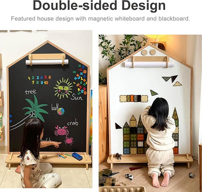 House Design Double-Sided Magnetic Drawing Board w/Detachable Roller for Kids, Extra Large Art Easel for Toddlers Boys and Girls Gift (Wall Mountable)