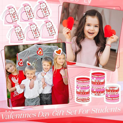 Liliful 24 Set Valentine's Day Classroom Gifts for Kids, 24 Pink Red Love Heart Silicone Wristbands with Cards and Organza Bags for Students Exchange Gift Valentine Party Favors Goodie Bag Stuffers