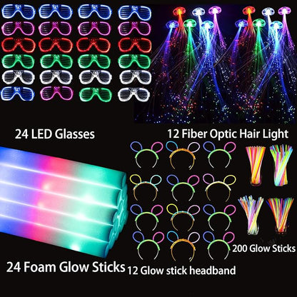 272 PCs Glow Party Supplies, 24 Foam Glow Sticks, 24 LED Glasses and 200 Glow Sticks ＆ Bracelets, 12 Glow sticks headband 12 Fiber Optic Hair Light，Glow Neon Party Favors for Wedding, Concert, Raves