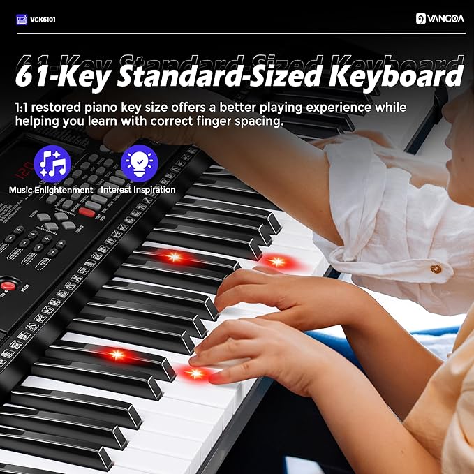 Vangoa 61 Key Keyboard Piano, Light-Up Electric Piano Keyboard Kit with 600 Voices, 400 Rhythms with Piano Stand, Microphone, Recording/USB, Gift for Beginners, Black (VGK6101)