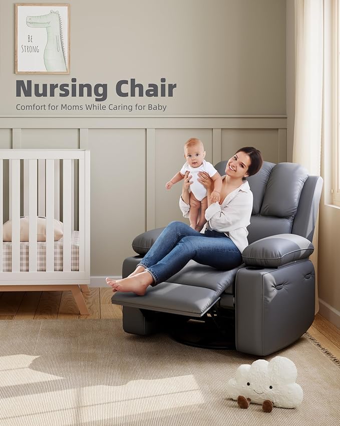 22'' Leather Recliner Chair for Adults, Overstuffed Manual Recliner Chair, Single Sofa with Cup Holder and Side Pockets, Upholstered Chair for Living Rooms, Gray