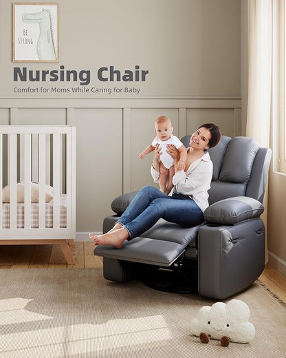 27'' Leather Recliner Chair Oversized, Overstuffed Manual Recliner Chair, Single Sofa for Adults, with Cup Holder and Side Pockets, for Living Rooms, Max Weight 400 lbs, Gray