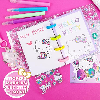 Horizon Group USA Hello Kitty DIY Glitter Micro Journal, 40+ Stationery Accessories Including Hello Kitty Stickers, Surprise Keychain, Interchangeable Binder Discs, Squishy Glitter Cover & More