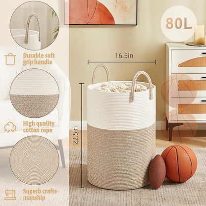 Artfeel Laundry Basket,Woven Cotton Rope Laundry Hamper,80L for Decorative Storage of Dirty Clothes,Toys and Blankets in Bathroom,Baby Room and Living Room