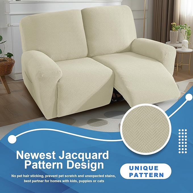 JIVINER 4 Pieces Recliner Loveseat Covers Stretch Recliner Sofa Slipcover with Elastic Bottom Jacquard Fitted Reclining Couch Cover Furniture Protector with Pockets (2 Seater, Beige)