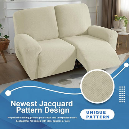 JIVINER 4 Pieces Recliner Loveseat Covers Stretch Recliner Sofa Slipcover with Elastic Bottom Jacquard Fitted Reclining Couch Cover Furniture Protector with Pockets (2 Seater, Beige)