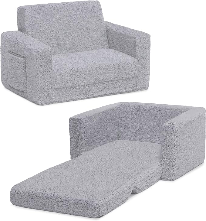 Delta Children Cozee Flip-Out Sherpa 2-in-1 Convertible Chair to Lounger for Kids, Grey