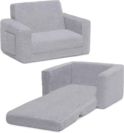 Delta Children Cozee Flip-Out Sherpa 2-in-1 Convertible Chair to Lounger for Kids, Grey