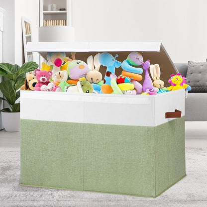 Gowee Large Toy Storage Box with Lid, Sturdy Toys Storage Chest Bin Organizer Basket with Dividers for Kids, Boys, Girls, Nursery, Closet, Bedroom, Playroom 26"x17" x17" (Green and White)