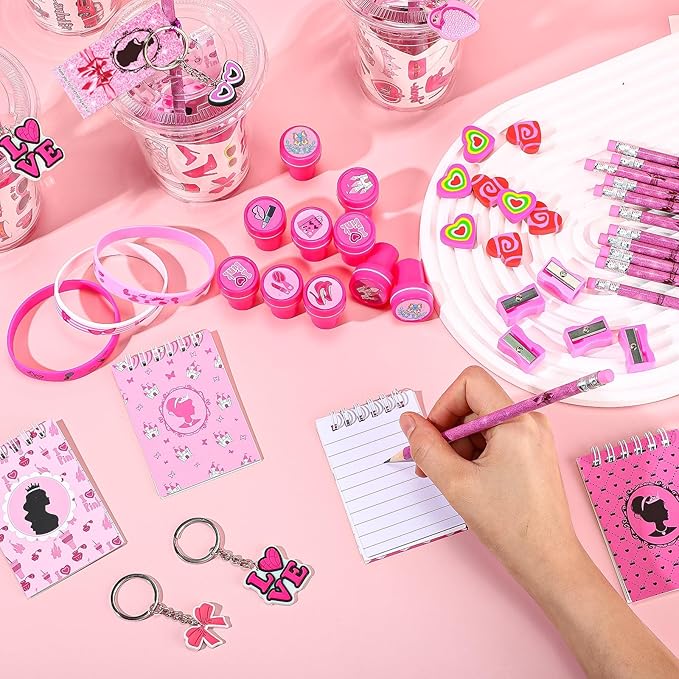 Colarr 161 Pcs Hot Pink Princess Party Favors School Stationery Set Includes Gift Cup Notebook Pencil Sharpener Eraser Keychain Stamp Slap Bracelet Sticker Card Valentine's Day Gift for Child Supplies