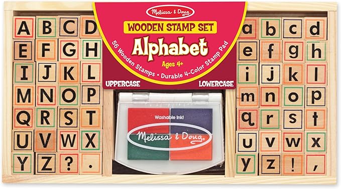 Melissa & Doug Wooden Alphabet Stamp Set - 56 Stamps With Lower-Case and Capital Letters Preschool Writing Toys, ABC Stamps, Kids Arts & Crafts, Letter For Kids Ages 4+