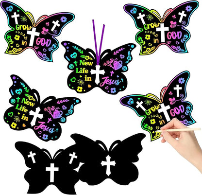 BeYumi 60Pcs Spring Christian Butterfly Scratch Cards for Kids DIY Religious Cross Magic Rainbow Color Craft Kit Scratch Paper Art Spring Resurrection Sunday School Classroom Decorations Gifts
