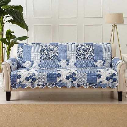 Great Bay Home Patchwork Scalloped Printed Furniture Protector Stain Resistant Sofa Cover (Sofa, Navy)