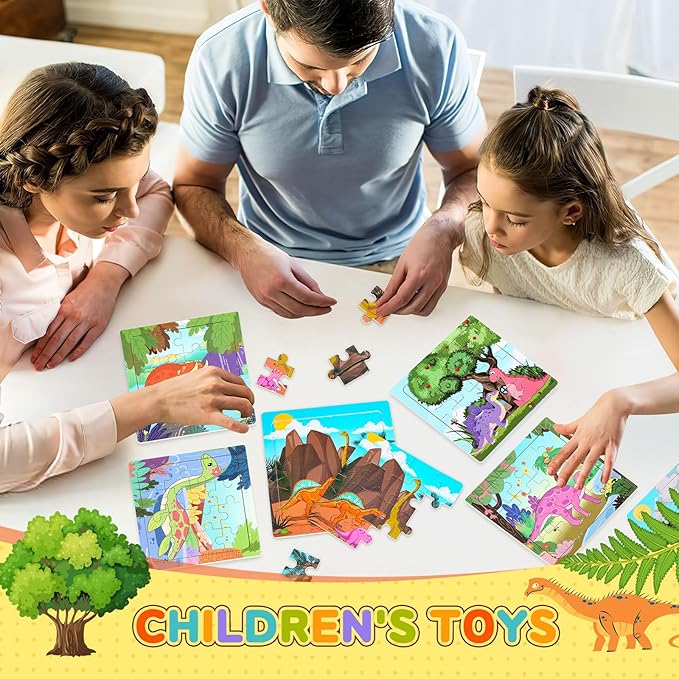 SANNIX 12 Pack Dinosaur Wooden Jigsaw Puzzles with 12 Organize Bags, Dinosaurs Animals Toddlers Puzzles for Kids Ages 3 4 5, Party Favors Educational Learning Travel Toys for Boys Girls