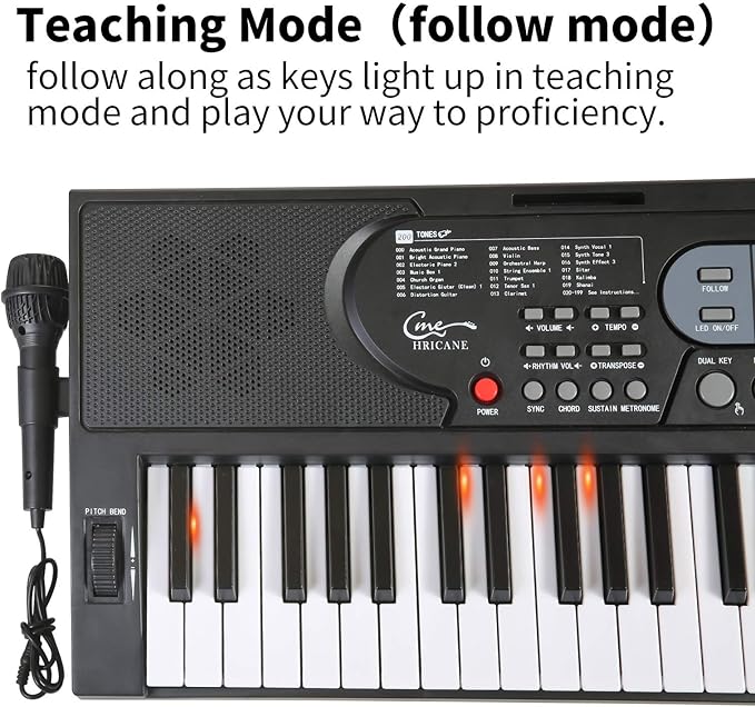Hricane Keyboard Piano Lighted Keys for Beginner Adults Teens Kids, 61 Key Electronic Music Keyboard with Teaching Modes Powered by USB or Battery with LCD Display Microphone Headphone Jack