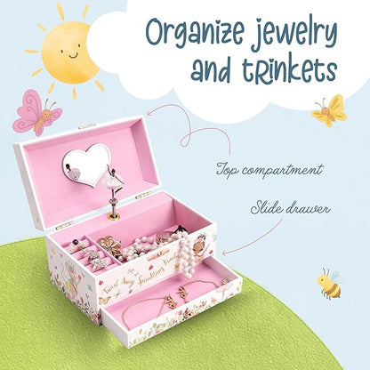 The Memory Building Co Black Ballerina Musical Jewelry Box Plays Classic Melody, Storage Organizer Music Box for Kids Ages 6-12 MDF Wood w/ 2 Fabric Lined Ring Bracelet Necklace Treasure Compartments