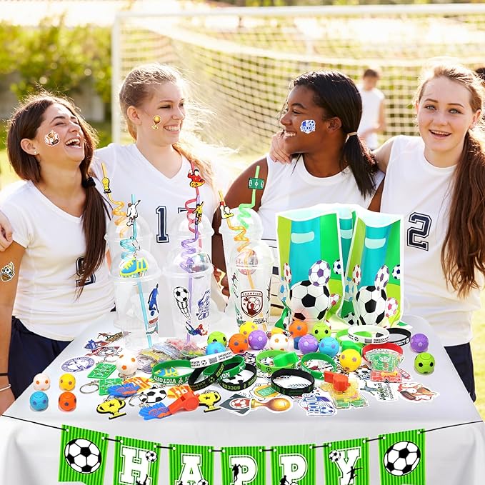 166 Pcs Soccer Party Favors for 12 People Party Supplies with Cup Straw Stress Ball Keychain Sticker Silicone Wristbands Whistle Goodie Bags for Kids Birthday Decorations Gifts