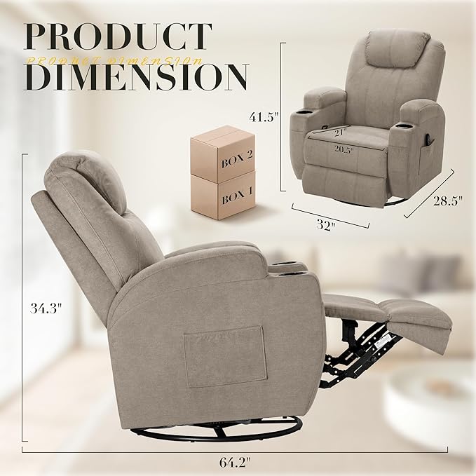 Recliner Chair, 360° Swivel Rocker Chair for Adults, Rocking Recliner Chair with Massage, Comfy Single Sofa with Side Pockets Cup Holders for Living Room, Bedroom, Nursery (Fabric, Khaki)