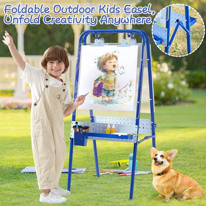 FUNLIO Foldable Outdoor Easel for Kids Aged 3+, Waterproof & Sunproof Kids Easel with 2 Acrylic Boards, Double-Sided Kids Easel with 21 pcs Accessories, Portable & Stable - Blue