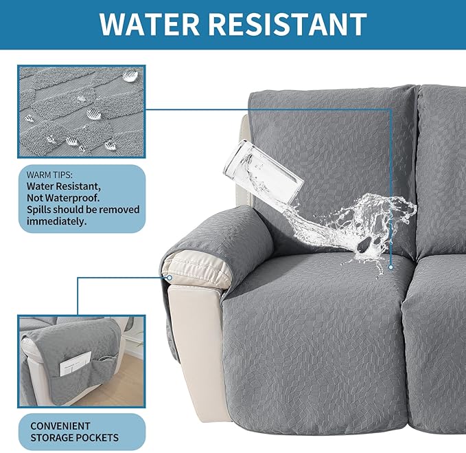SYSLOON Water Resistant Recliner Chair Covers 3 Piceces,Heavy Duty Non Slip Recliner Chair Cover, Washable Recliner Chair Cover,Living Room Recliner Cover with Pocket for Kids and Pets,Light Grey