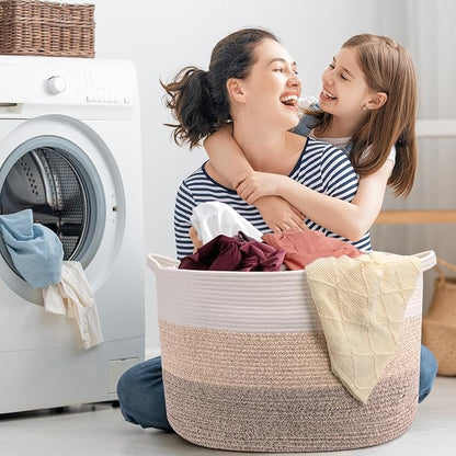 Maliton Extra Large Blanket Basket Living Room, 22" X 22" X 14" Woven Cotton Rope Laundry Basket Toy Baskets with Handle Storage Comforter Cushions Clothes Thread Laundry Hamper