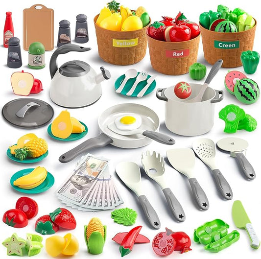90Pcs Kitchen Playset Accessories, Pretend Cooking with Pots, Pans, Cookware, Food, Fruit, Veges, Color Sorting Baskets, Prop Money, Learning Gift for Girls Boys Toddlers (White)