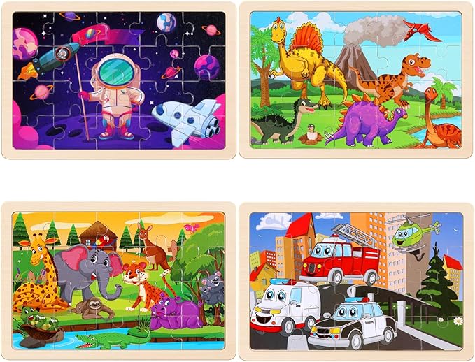 Wooden Puzzles Toys for Kids Ages 3-5, Set of 4 Packs Dinosaur, Space, Transportation Wood Toddler Puzzles, Preschool Brain Teaser Toys for Boys and Girls 2 3 4 5 6 Years Old