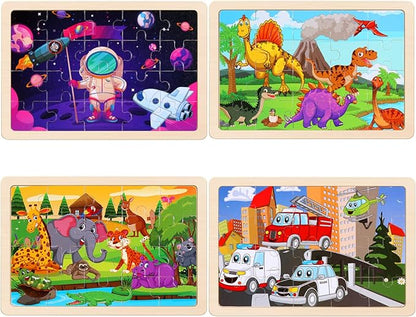 Wooden Puzzles Toys for Kids Ages 3-5, Set of 4 Packs Dinosaur, Space, Transportation Wood Toddler Puzzles, Preschool Brain Teaser Toys for Boys and Girls 2 3 4 5 6 Years Old
