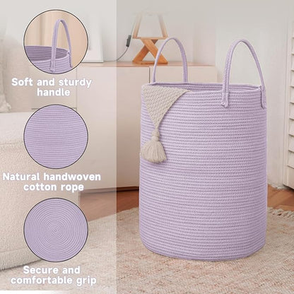 JMvicyroam Large Woven Laundry Basket Hamper,60L Cotton Rope Storage Bin for Blankets,Toys and Clothes,Decorative Tall Nursery Hamper for Living Room,Baby Nursery,Bathroom and Bedroom,Purple