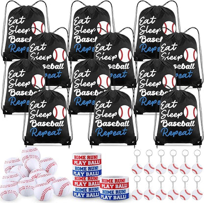 48 Pcs Baseball Party Favors for Kids Include 12 Baseball Drawstring Bags, 12 Baseball Keychain, 12 Silicone Baseball Bracelets, 12 Mini Stress Ball for Sports Birthday Supplies Decorations