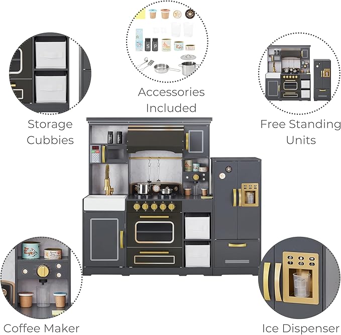 Teamson Kids Little Chef Colonie Play Kitchen Set with Ice Dispenser and Accessories, Gray