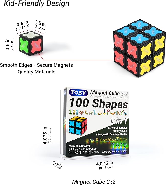 TOSY Magnet Cube 2x2 - 8 Blocks, 2in1 Toy: 2x2x2 Puzzle Cube and Customizable Infinity Cube, Easter Basket Stuffers Gifts for Kids/Grandkids, Glowing with UV Flashlight, Sensory/STEM Toy