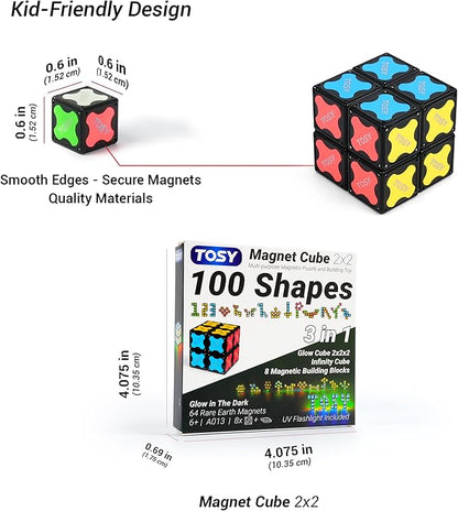 TOSY Magnet Cube 2x2 - 8 Blocks, 2in1 Toy: 2x2x2 Puzzle Cube and Customizable Infinity Cube, Easter Basket Stuffers Gifts for Kids/Grandkids, Glowing with UV Flashlight, Sensory/STEM Toy