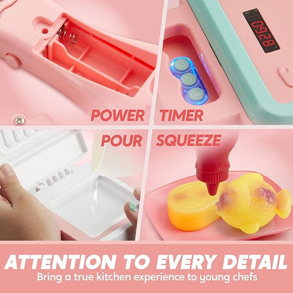 Play Kitchen Toys with Realistic Lights& Sounds, Pretend Play Toy Set for Girls Boy, Color Changing Breakfast Playset, Christmas Birthday Gift for Kids, Pink