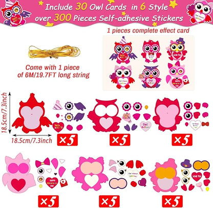chiazllta 30 PCS Valentine's Day Craft Kits DIY Owl Craft for Kids Valentine's Heart Craft Make Your Own Owl Bulk Set for Home Classroom Game Activities