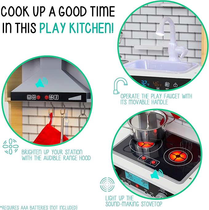 Lil' Jumbl Kids Natural Small Kitchen Set, Pretend Wooden Play Kitchen, Includes Range Hood, Microwave, Stove Top, Oven That Make Realistic Sound & Light, Pots, Pan, Cutting Board & Utensils Included,