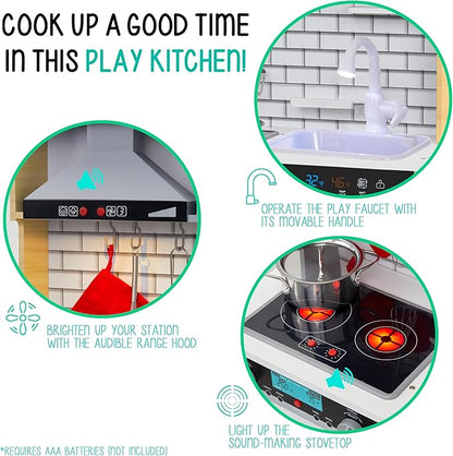 Lil' Jumbl Kids Natural Small Kitchen Set, Pretend Wooden Play Kitchen, Includes Range Hood, Microwave, Stove Top, Oven That Make Realistic Sound & Light, Pots, Pan, Cutting Board & Utensils Included,