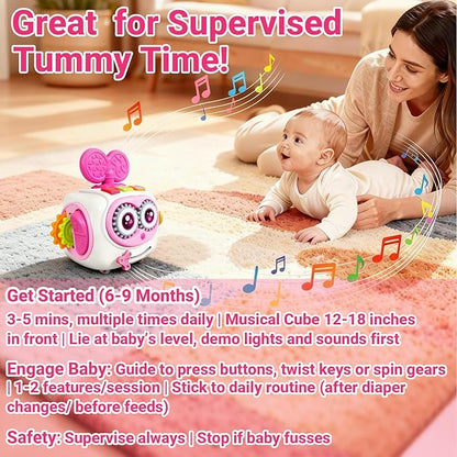Toys for 1+ Year Old Girl, Musical Busy Cube for Toddlers 1-3 year old, Montessori 6-in-1 Activity Cube with Lights & Sounds, Wheels for Tummy Time & Crawling Training, Birthday Gifts for Baby Girl
