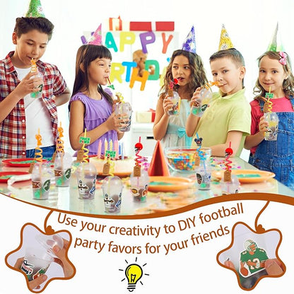 LiYiQ 158 Pcs Football Party Favors Football Party Supplies with Cup Straw Stress Ball Keychain Sticker Slaps Bracelets Whistle Thank You Tags for Football Birthday Decorations