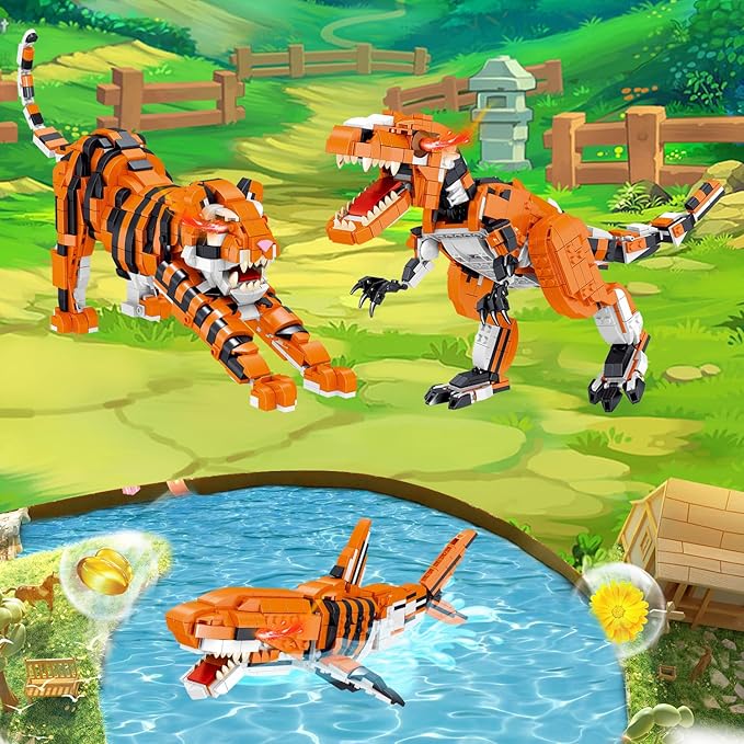 1030 Piece STEM Building Toys-3in1 Mini Transforming Toy Building Set with Dinosaur/Tiger/Shark Building Kit, Educational Toy for Kids 6-12, Christmas Birthday Gifts for Girls Boys Ages 8-14+