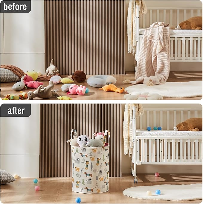 TECHMILLY Large Storage Basket for Girls and Boys, Collapsible Laundry Hamper with Long Handles, Toy Bins for Nursery, Kids Room Décor (Cartoon Animal)