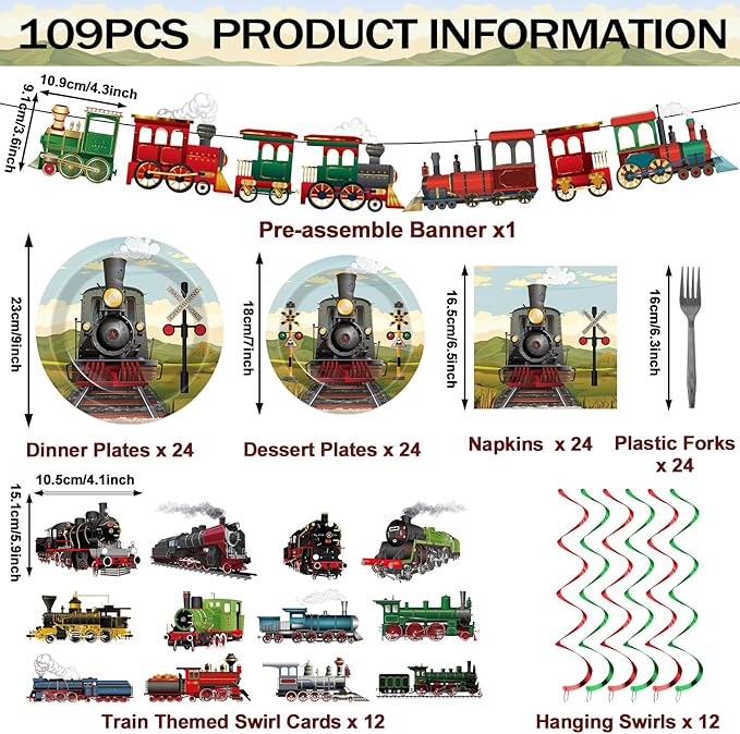 party greeting 109Pcs Train Birthday Party Supplies Includes Steam Train Party Plates Napkins Fork Retro Train Banner Hanging Ceiling Swirls for Train Transportation Baby Shower Party Decorations Set