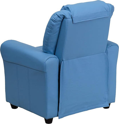 Flash Furniture Vana Vinyl Kids Recliner with Cup Holder, Headrest, and Safety Recline, Contemporary Reclining Chair for Kids, Supports up to 90 lbs., Light Blue
