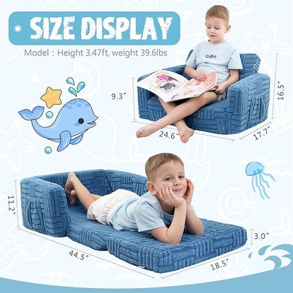 Kids Sofa, Toddler Chair, 2-in-1 Flannel Kids Fold Out Couch, Toddler Convertible Sofa to Lounger, Flip Open Toddler Couch for Kids (Blue)