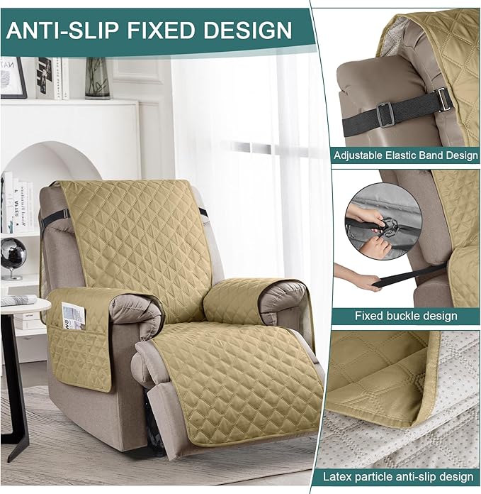 Ruaozz 100% Waterproof Recliner Chair Cover Non-Slip Oversized Reclining Cover for Large Recliner Chair Washable Chair Seat Cover with Elastic Straps for Kids, Dogs, Pets (Sand, 28'')