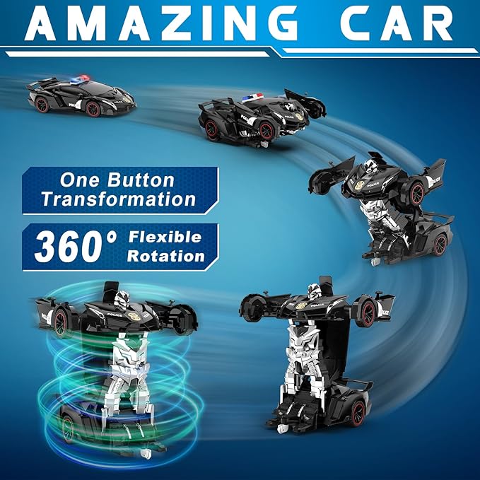 FDJ Remote Control Car - Transform Car Robot, One Button Deformation to Robot with Flashing Light, 2.4Ghz 1:18 Scale Transforming Police Car Kids Toys with 360 Degree Rotating Drifting, Toys