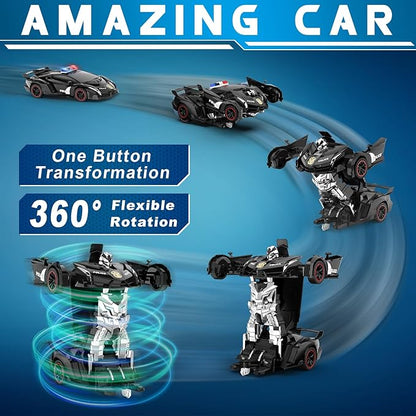 FDJ Remote Control Car - Transform Car Robot, One Button Deformation to Robot with Flashing Light, 2.4Ghz 1:18 Scale Transforming Police Car Kids Toys with 360 Degree Rotating Drifting, Toys
