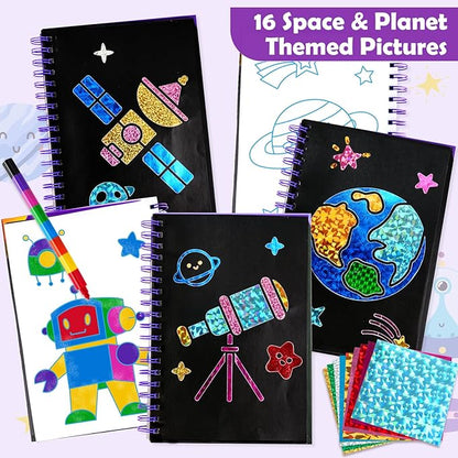 Foil Art Craft Activity for Kids: Fun DIY Toy Sticker Kit, No Mess Creative Travel Supply Set, Idea Birthday Easter Basket Stuffers Valentines Gift for Girl Boy Toddler 4 5 6 7 8 9 Year Old（Space）