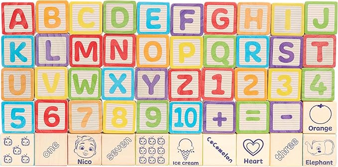 CoComelon 51-Piece Classic ABC Wooden Block Set, Preschool Building Toys, Learning and Education, Officially Licensed Kids Toys for Ages 18 Month, Amazon Exclusive