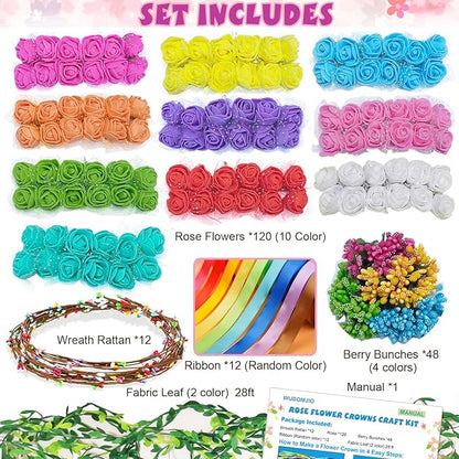 WUBOMJIO DIY Flower Crown Crafting Kit(Rose Theme), Make Your Own 12PC Floral Crown Garland Kit, Presents for Kids Ages 6 7 8 9 10 Years Old and Up